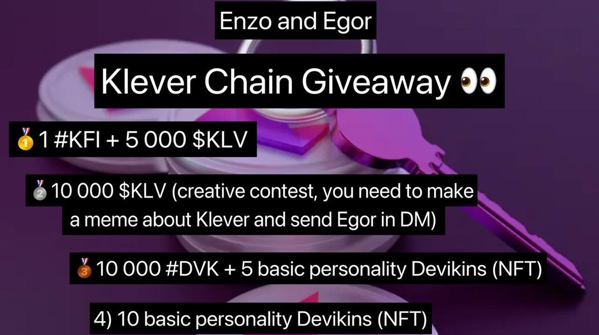 1/3
#KleverFam 🚨🚨🚨
<a href="/ViniciusSaoP/">Enzo M</a> and I are announcing a #GIVEAWAY dedicated to the launch of #KleverChain
You have been choosing prizes for 3 days and we decided to make 4 prizes at once.🥷
All you have to do is follow @EgorVaganovv <a href="/ViniciusSaoP/">Enzo M</a>
❤️ + retweet.
Prizes:
🔽🔽🔽🔽