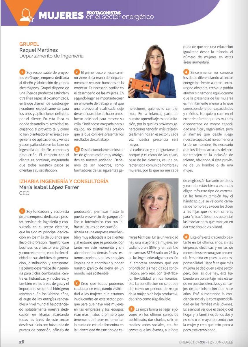 Este mes nuestra CEO Isabel López Ferrer es una de las mujeres protagonistas en el sector energético, en la revista Energética XXI. Lee todas sus declaraciones al medio en energetica21.com/revistas-digit…