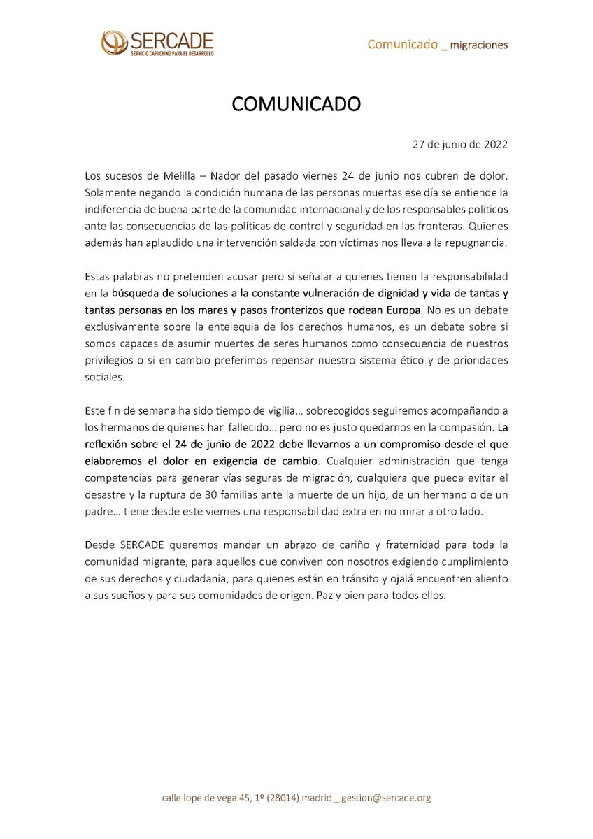 Indignados ante lo sucedido... pedimos lo contrario a indiferencia o aceptación... pedimos gestión para lo ocurrido el viernes (no cierre en falso) y compromiso para cambiar la política de fronteras #MelillaMasacre #FronteraSur