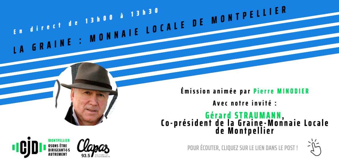 [ #RADIOCLAPAS ]

🎙Gérard Straumann, co-président de la Graine, monnaie locale de Montpellier, sera l’invité de notre animateur, dans notre émission aujourd’hui de 13h à 13h30 en direct sur <a href="/RadioClapas/">Radio Clapas</a>  93.5 FM

💰Le thème : La graine, monnaie locale de Montpellier.