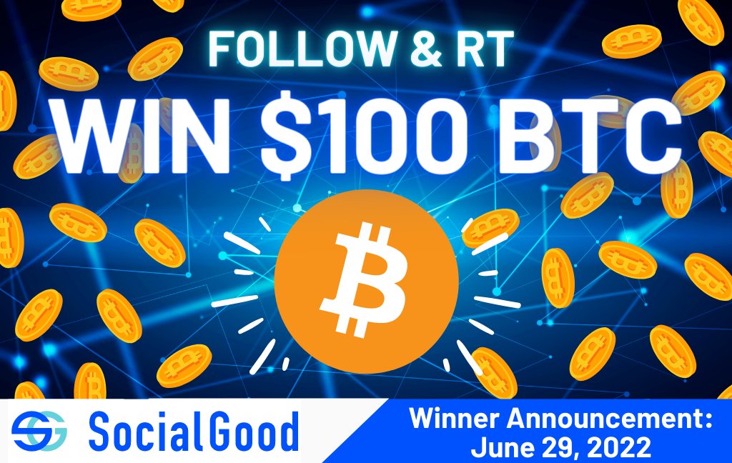 🚀 Win $100 in $BTC 🚀
Follow us &amp; RT this for a chance to win $100 worth of #Bitcoin !! 🤩
We'll tag the lucky 33rd #Giveaway winner on June 29. 
Good things come in 3s🍀🍀🍀

Want more free crypto? Get the SocialGood App!
📲socialgood.inc/?id=mwPN7i