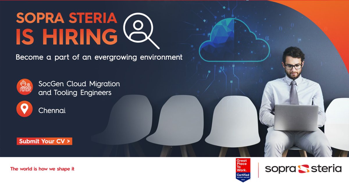 SopraSteria_IN's tweet image. Are you the one with hands-on experience in #cloudmigration, tool &amp;amp; frameworks software, deployment &amp;amp; #managementknowledge?
Come join us at #SopraSteriaIndia and become a part of a #GreatPlaceToWork with ever-growing #career opportunities.
Apply: bit.ly/3NJwX0c
#Jobs