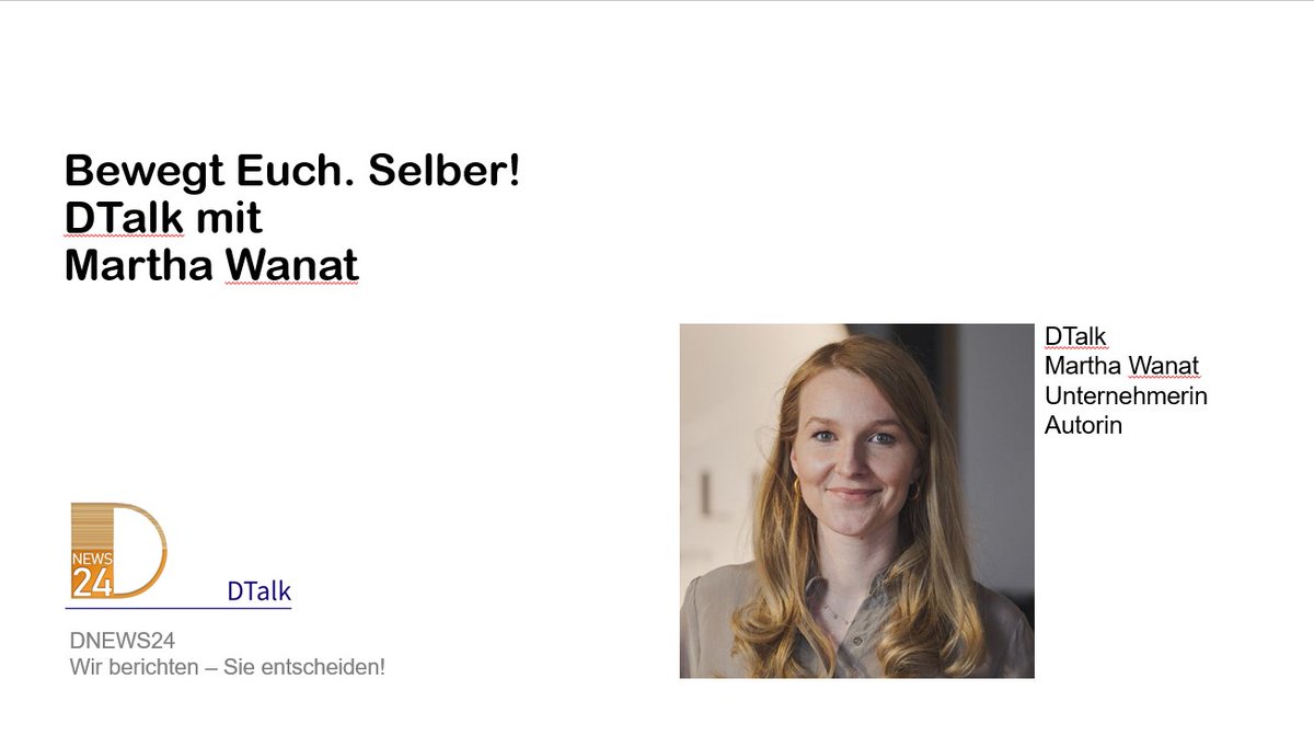 #DTalk #DNEWS24 #Buhtipp #Mobilitätswende #MarthaWanat 
Die Mobilitätswende selbstgemacht
EXKLUSIV IN DNEWS24: DTALK MIT MARTHA WANAT – BUCHTIPP BEWEGT EUCH. SELBER!
Mehr Nähe – kürzere Wege. Unsere neue Mobilität für gesunde und klimaneutrale Städte.
dnews24.de/exklusiv-in-dn…