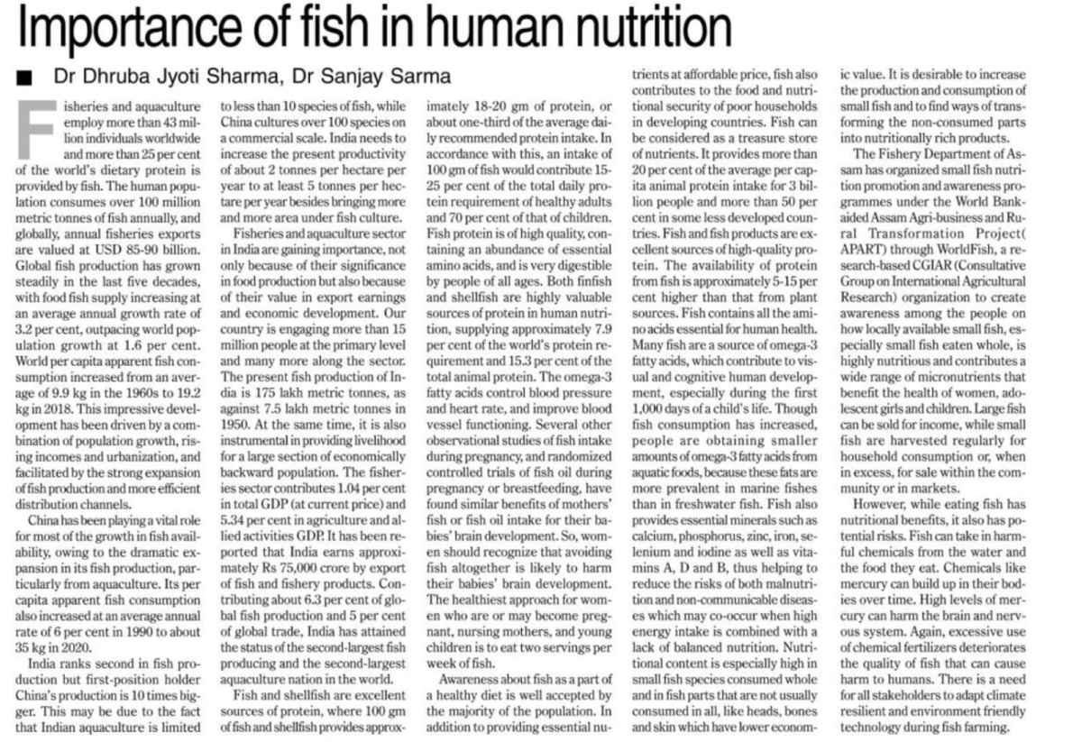apartassam's tweet photo. Press Coverage from The Assam Tribune on "Importance of fish in human nutrition." 
@mygovassam @WorldFishCenter 
#APARTAssam #fishvaluechain #fishnutrition #presscoverage #assamfarmers #fishfarmers #fishfarming #fisheries #mygovassam https://t.co/e3jP5dMY0v