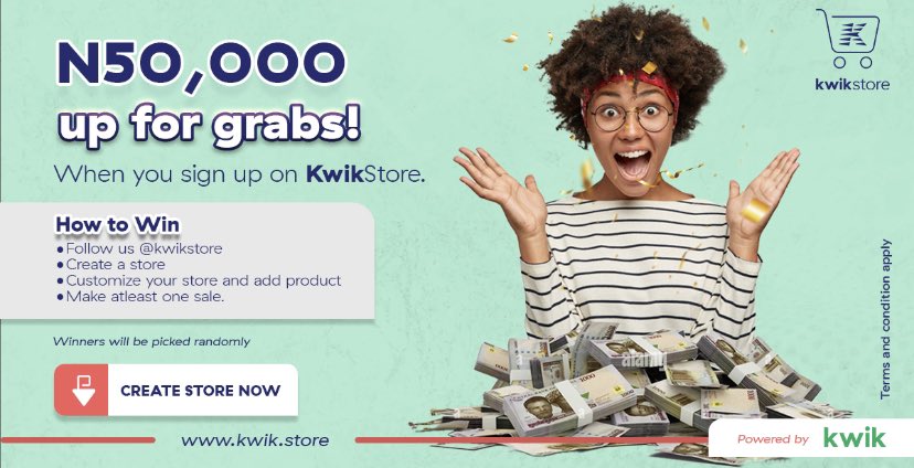 Omah_sila's tweet photo. Stay on the kwikest route to becoming an online seller with @getkwikstore

Start from anywhere. Create a store, upload products, make at least one sale and stand a chance to win N50k.

Don't be left out! Create your own store at https://t.co/SfSs1H65SX

#GetKwikStore #kwikstore https://t.co/oikRpnJ7Xe