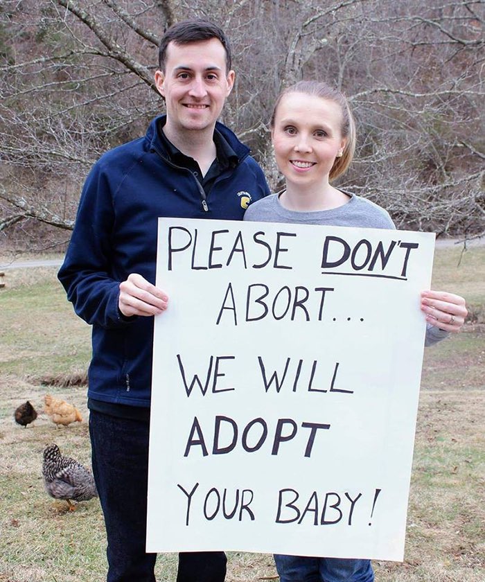 shesbonky's tweet photo. The amount of vaguely creepy-looking white couples holding up signs that say "Don't abort. We will adopt your baby" while more than 400,000 children are languishing in foster care in the United States tells you all you need to know about Evangelical Americans. https://t.co/W1C2wfj00z