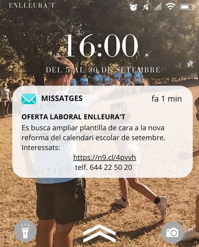 #MaresmeJove ⭐️Oferta de feina pel SETEMBRE⭐️
<a href="/Enlleurat/">Associació Enlleurat</a> Monitors/es de lleure per cobrir l'hora extra de setembre que s'oferirà a les escoles 
🕠Horari: de 15.30h a 16.30h en els centres públics i de 16h a 17h en els centres privats.
👉bit.ly/ofertalaborals… 
<a href="/ccmaresme/">CC Maresme</a>