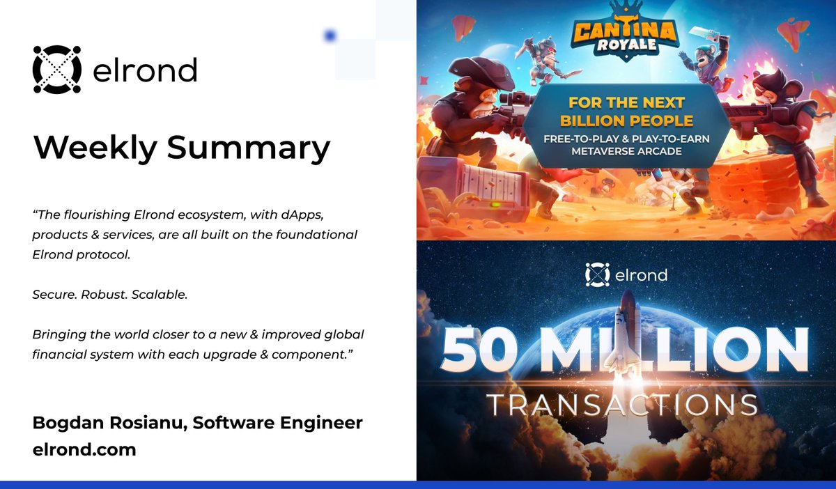 MultiversX's tweet photo. Last week in $EGLD 🌏
 
1/
🎉 3 years since Elrond debuted on #Binance Launchpad
💯 0 downtime: 50M mainnet transactions 
🚀 Cantina Royale is coming on the Maiar Launchpad
🔱 Builder spotlight: Aquaverse
⚙ New Elrond API gateway by Bware Labs
🛠  Weekly #elrondtech https://t.co/BNTrP4E8S1