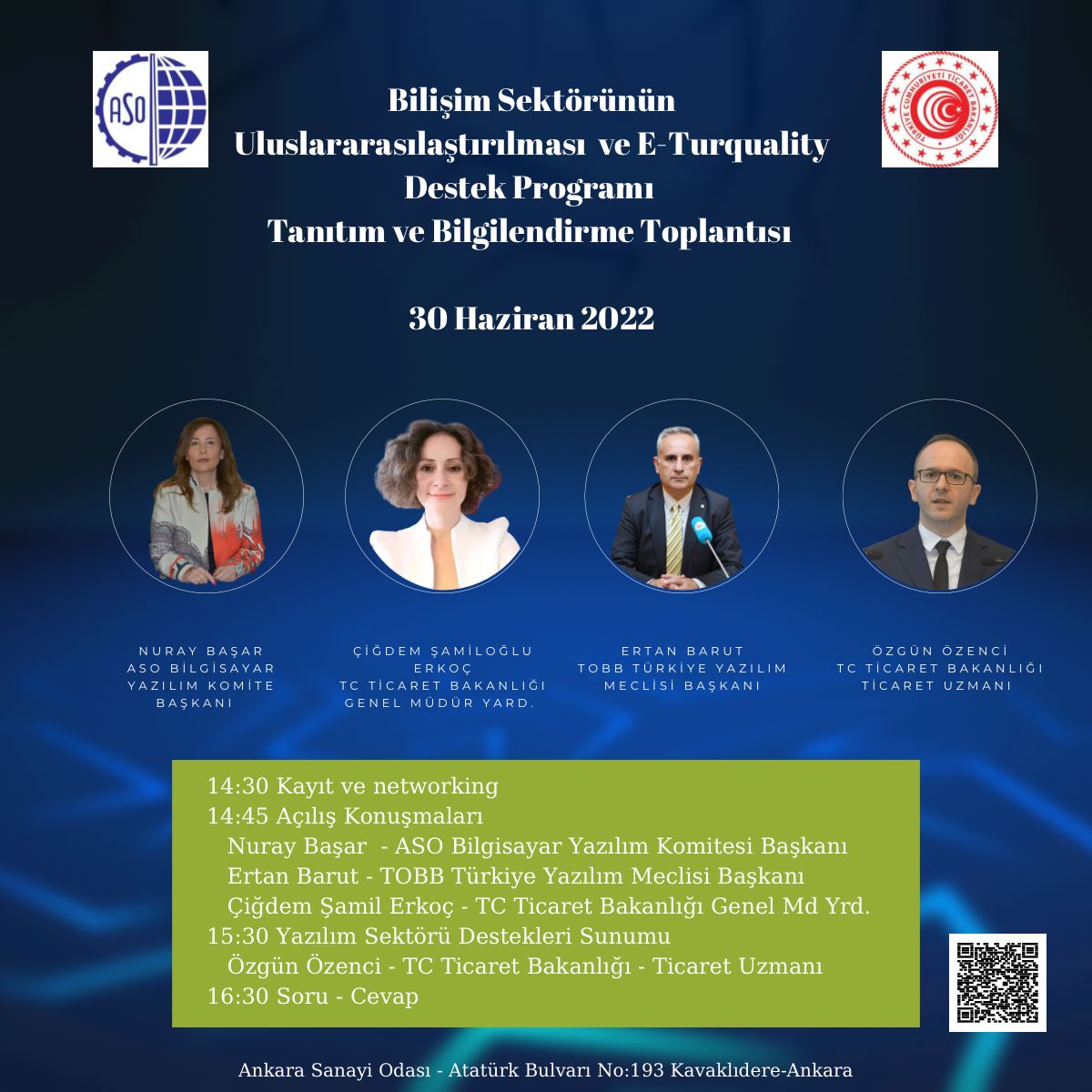 TOBBYazilim's tweet photo. Ankara Sanayi Odası Bilgisayar #Yazılım Meslek Komitesi “#Bilişim Sektörünün Uluslararasılaştırılması ve #eTurquality Destek Programı” Tanıtımı
30.06.2022 - 14:30
Kayıt için: https://t.co/4vnbOV1vVR
#aso #tobb #ticaretbakanlığı @Ticaret @asoresmiadres
@ertanbarut @nuraybasar_ https://t.co/u0YzEBiuDL