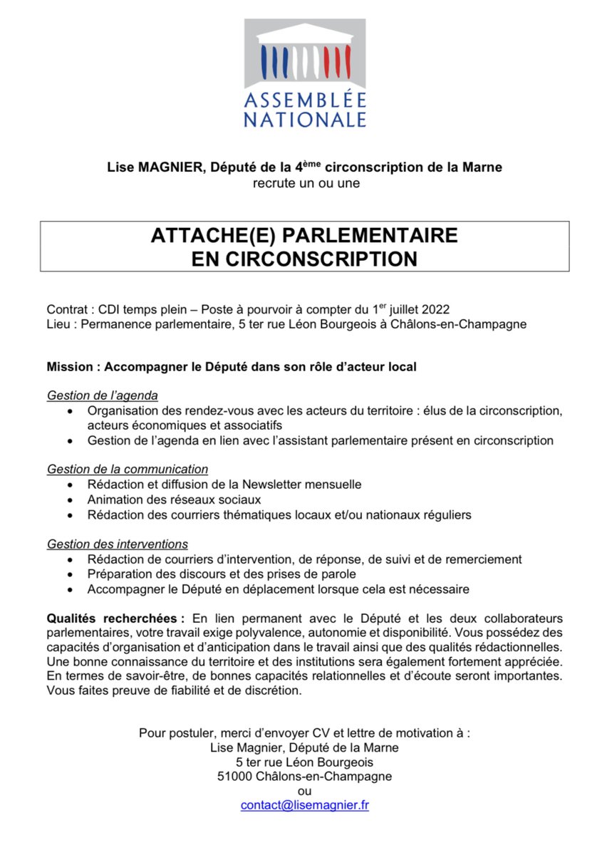 Je suis à la recherche d'un(e) attaché(e) parlementaire en #circo5104. Vous pouvez m'envoyer vos candidatures à l'adresse mail indiquée dans l'annonce ci-jointe.