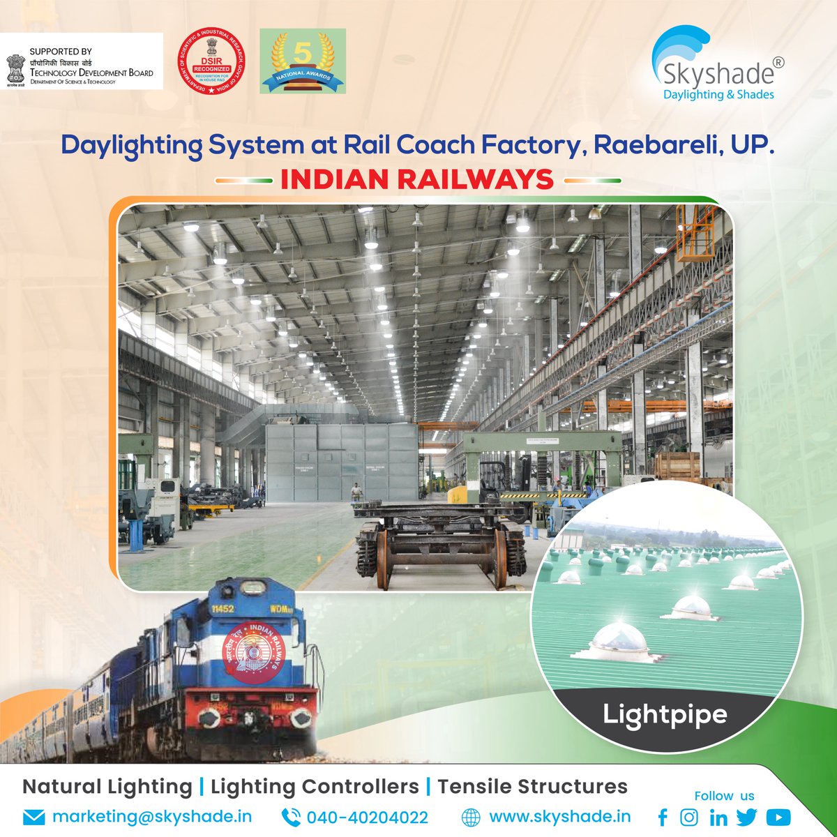 skyshade__'s tweet photo. Skyshade's #Daylightingsystem has been installed at Rail Coach Factory, UP, is a testimony towards our endevaour to provide all year energy efficient natural day light on the factory floor, thereby bringing the huge energy savings & reducing carbon emissions.
#Raebareli #railways https://t.co/I0mYybyWVP