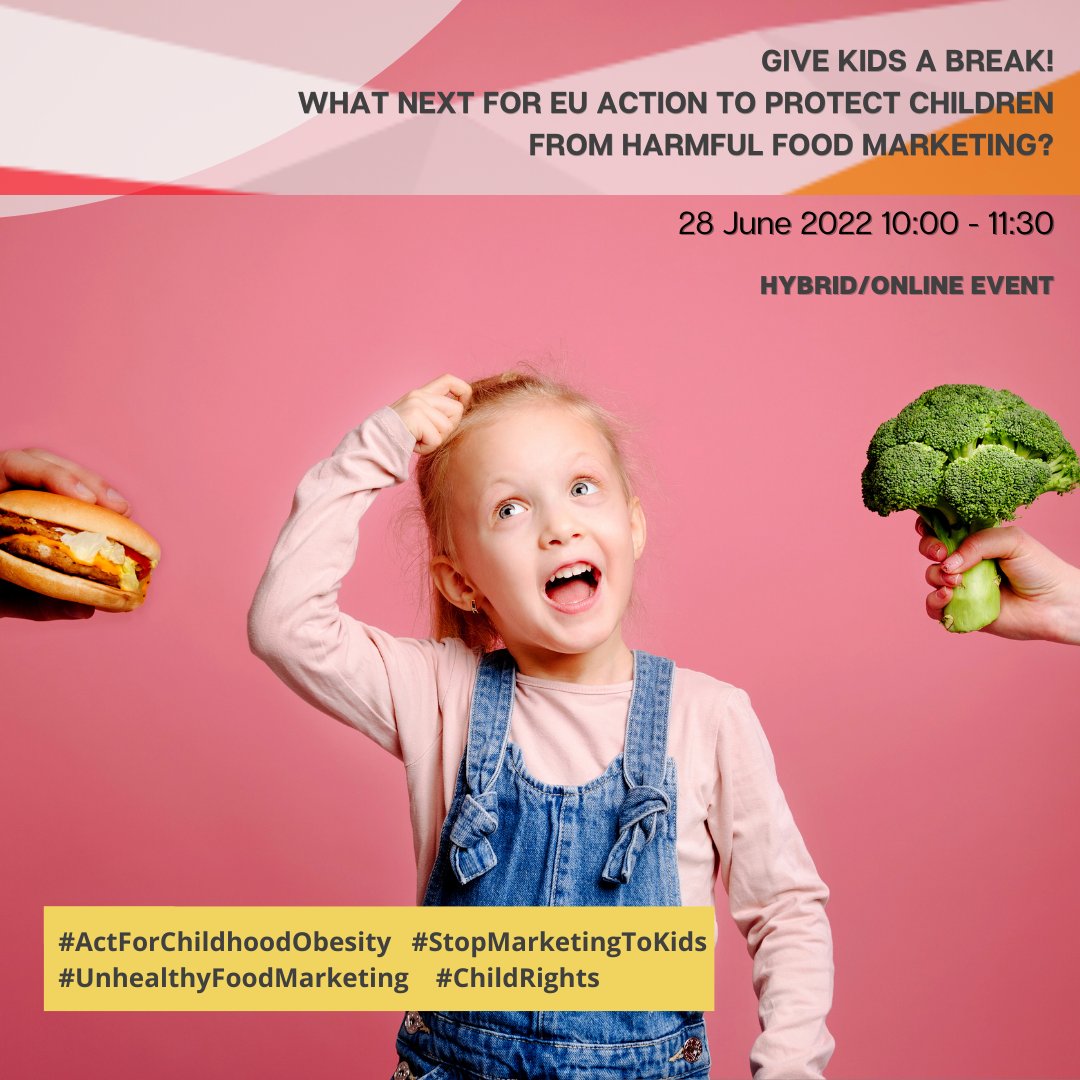 Tomorrow morning, CPME & other organisations supporting the 'healthy food marketing campaign' co-organise an event in the @Europarl_EN & online: ''Give Kids a Break!''

AGENDA & REGISTRATION 👉 bit.ly/3najLWN 

#StopMarketingToKids
#ActForChildhoodObesity
#ChildRights