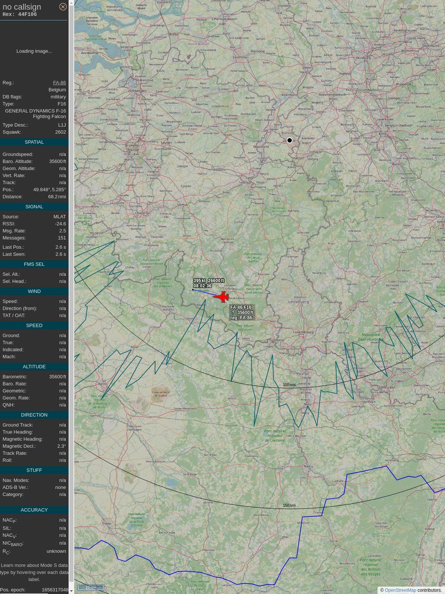 AboveHeerlen's tweet image. #PlaneAlert ICAO: #44F106 Tail: #FA86 
Owner: #BelgianAirComponent
Aircraft: #F-16 Fighting Falcon
2022/06/27 10:03:29
#F16 #Mil #Chappy #YouJustLostARefinery #Luchtcomponent #OtherAirForces youtu.be/DyruzLjVwbc?t=… 
globe.adsbexchange.com/?icao=44F106&amp;amp;s…