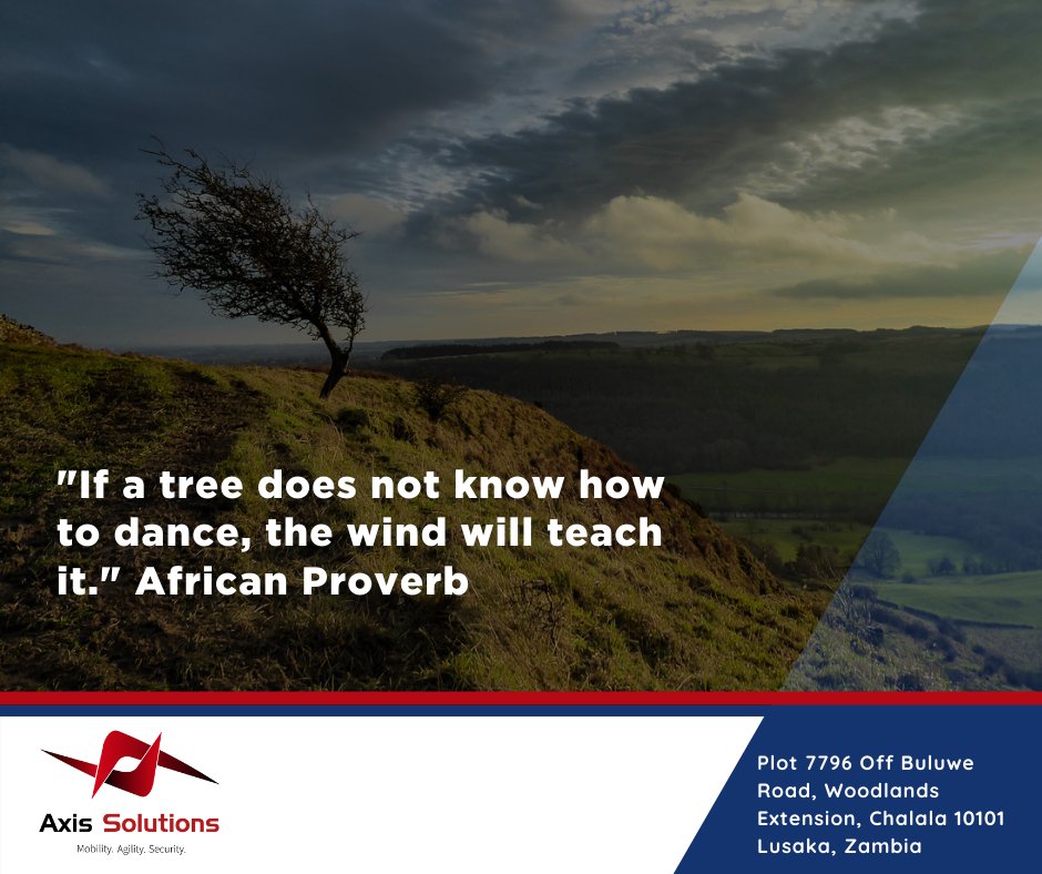 axis_zambia's tweet photo. "If a tree does not know how to dance, the wind will teach it." #AfricanProverb #Wisdom #mondaymotivation #agilitymobilitysecurity https://t.co/X3HzK5QtN6