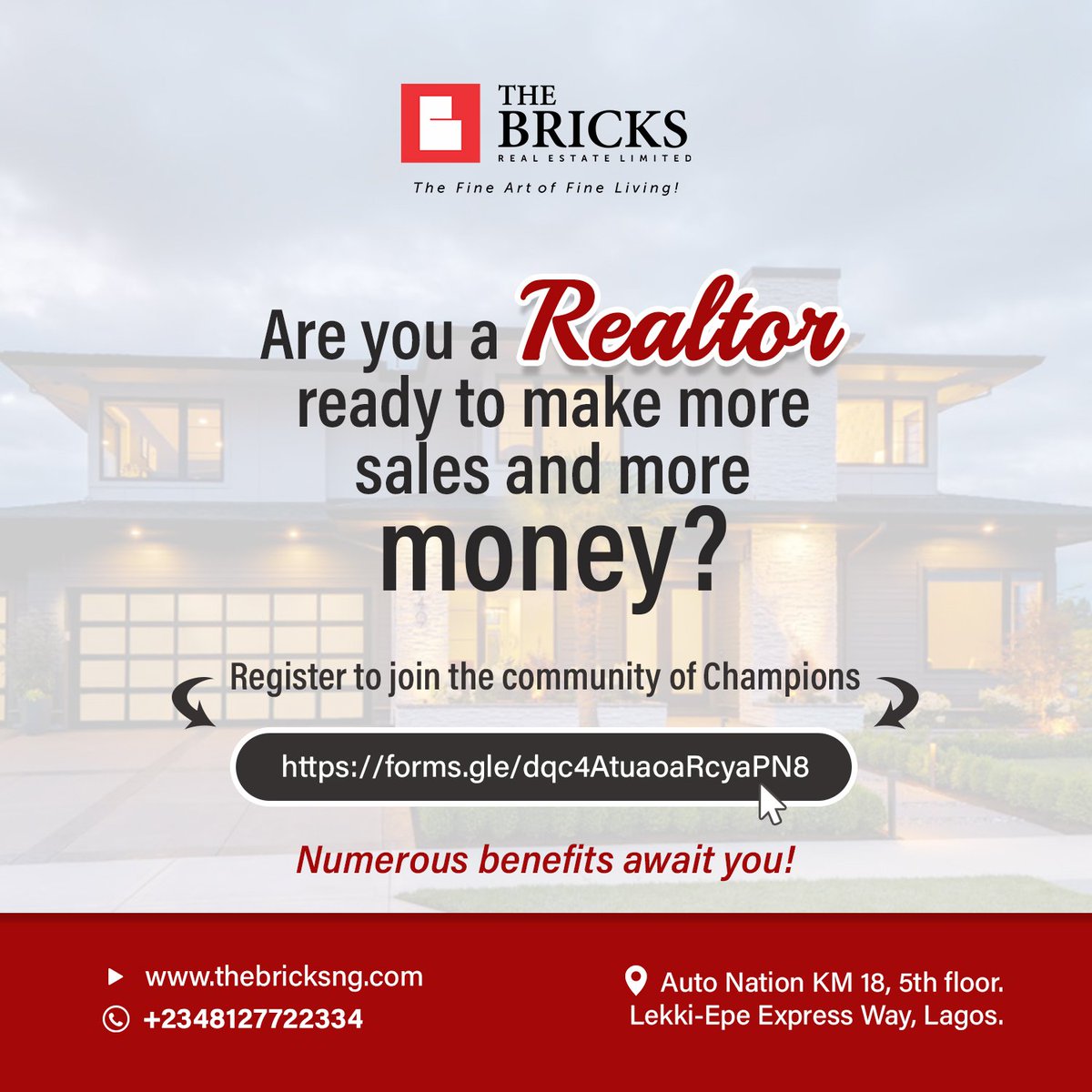 TheBricksEstate's tweet photo. Join the #community of champions🏆 &amp; change your financial status for good. The Bricks #realtors community is set to help you achieve exceptional sales in #RealEstate
Join for free! Register now⬇️
https://t.co/8IieuvqNnj

#NFTCommunity  #quote #mondaythoughts #MondayMotivaton #Ad https://t.co/crVte8ytGU