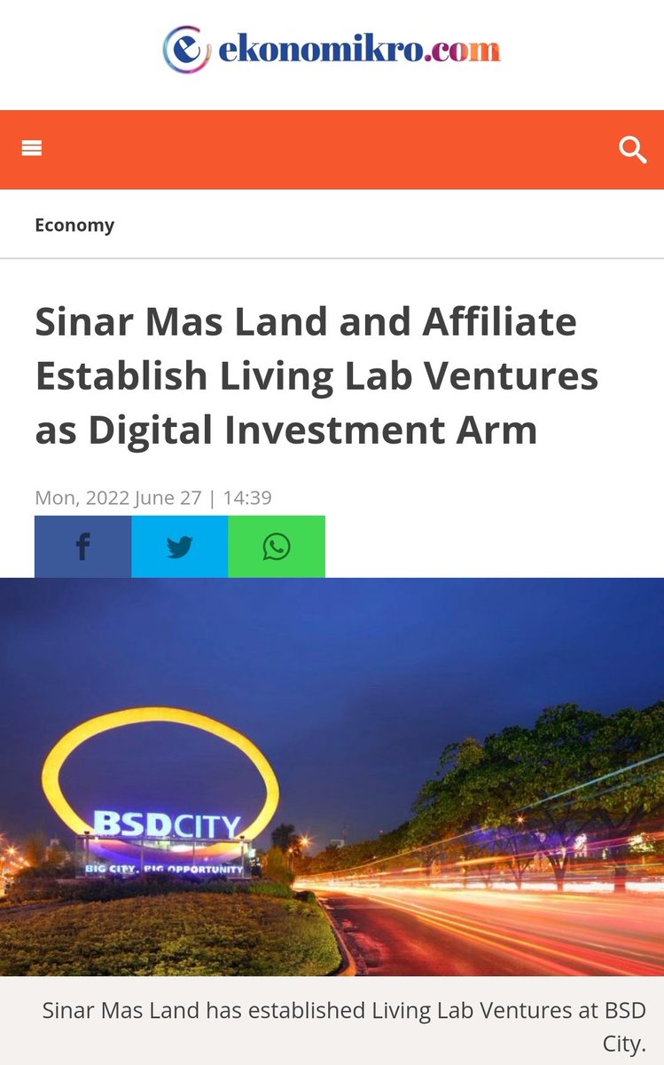 Sinar Mas Land and Affiliate Establish Living Lab Ventures as Digital Investment Arm. Read more: bit.ly/3ywrm8F

#ekonomikro #sinarmasland #SML #livinglabventures #livinglabx #digitalecosystem #investmentarm #SmartCity #holistic #startups #funding