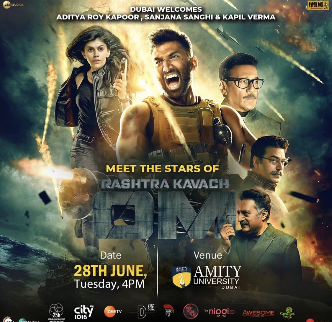 NishitShawHere's tweet photo. Star cast of #OmTheBattleWithin : #AdityaRoyKapur, #SanjanaSanghi & #KapilVerma to visit @AmityDUBAI
#Om @ZeeStudios_ #AmityDubai https://t.co/SxpnbkxYV2