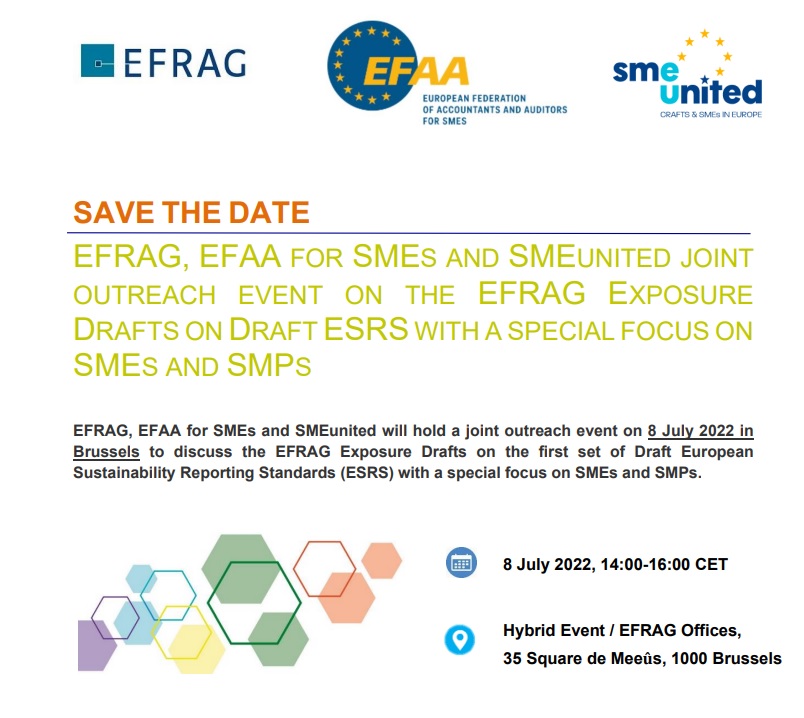 📢Register now for the EFRAG, <a href="/SMEunited/">SMEunited</a> and #EFAAforSMEs joint outreach event on the EFRAG Exposure Drafts on Draft ESRS with a special focus on #SMEs and #SMPs
🗓️8 July 14:00-16:00 CEST
More info: u2626388.ct.sendgrid.net/ls/click?upn=2…