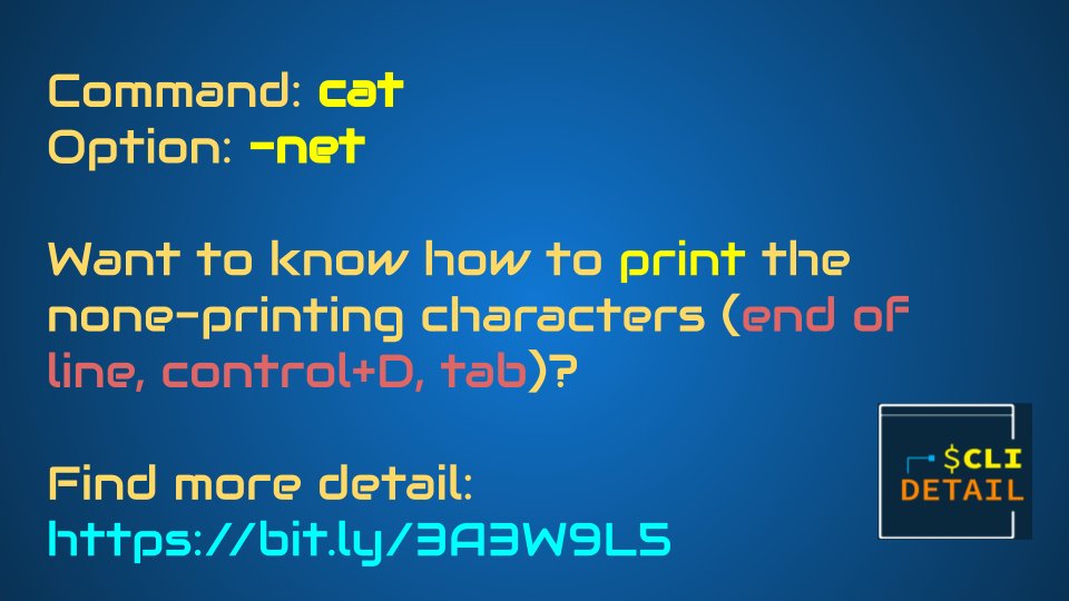 clidetail's tweet photo. Want to know how to #print the none-printing #characters (end of line, control+D, #tab)?

See https://t.co/xPFotmqoYz

#opensource #commandline #hack #linux #cat #bsd https://t.co/tnyz5G4qcn