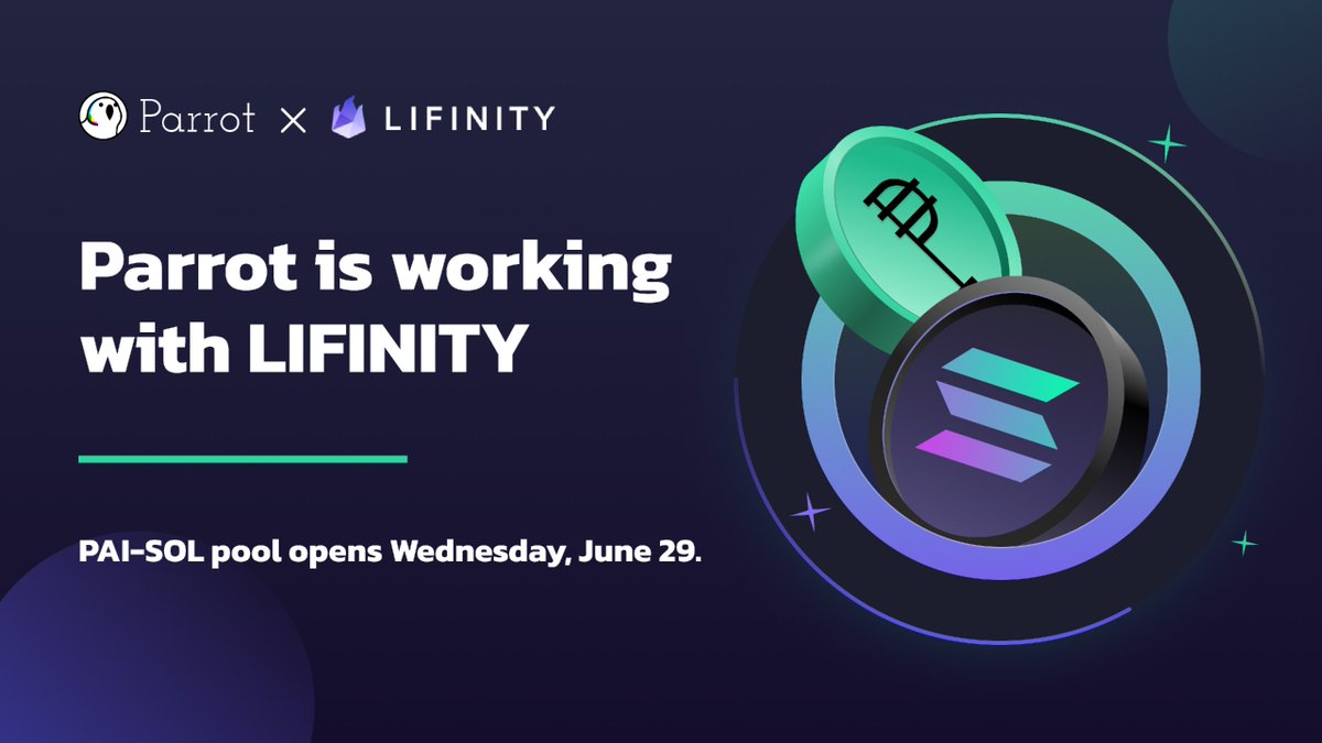 gopartyparrot's tweet photo. The parrot is working with @Lifinity_io to create $PAI - $SOL Pool
LIFINITY protocol is a Proactive market maker with concentrated liquidity to improve capital efficiency and reduce impermanent loss.
The Pool will open on Wednesday, June 29! More Use Case for PAI 🦜 https://t.co/jg97ijwf9p