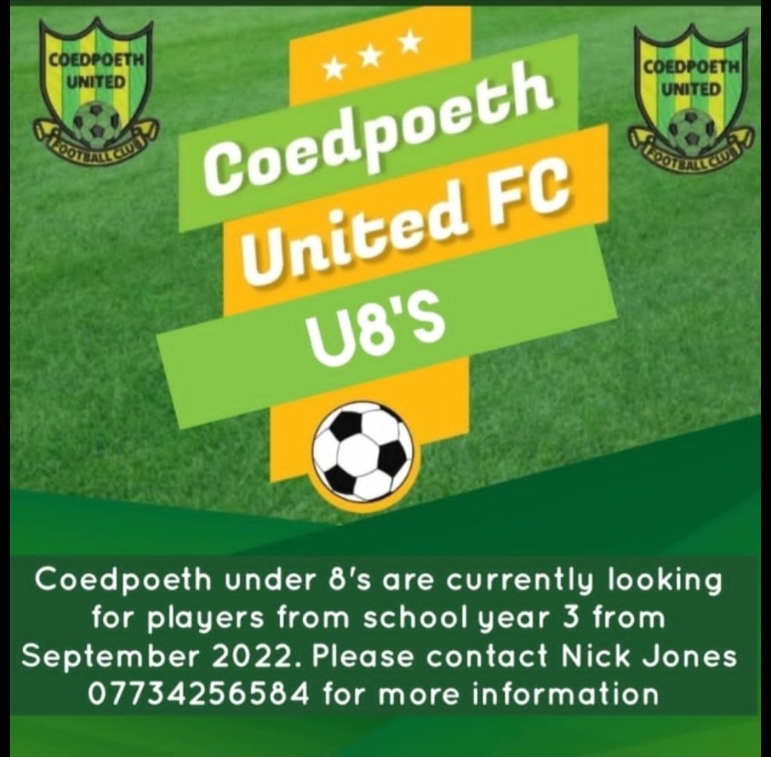 coedpoethutdfc's tweet photo. 2022/ 2023 season.

Coedpoeth United Fc is looking for future stars within its under 8s team 🔰

If your child has a desire to play whatever ability please do hesitate to contact Nick Jones using the details below.

🔰 https://t.co/IAlV046B7u
