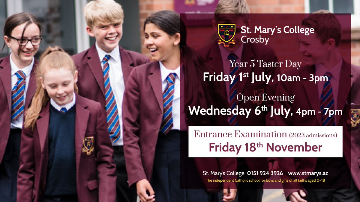 It's our Year 5 Taster Day this Friday 1st July and places are filling up fast!

To register your child, please call 0151 924 3926 or email office@stmarys.lpool.sch.uk

#welcome #joinus #tasterday #outstandingresults #exceptionalindividuals #fidemvitafateri #livelovelearn
