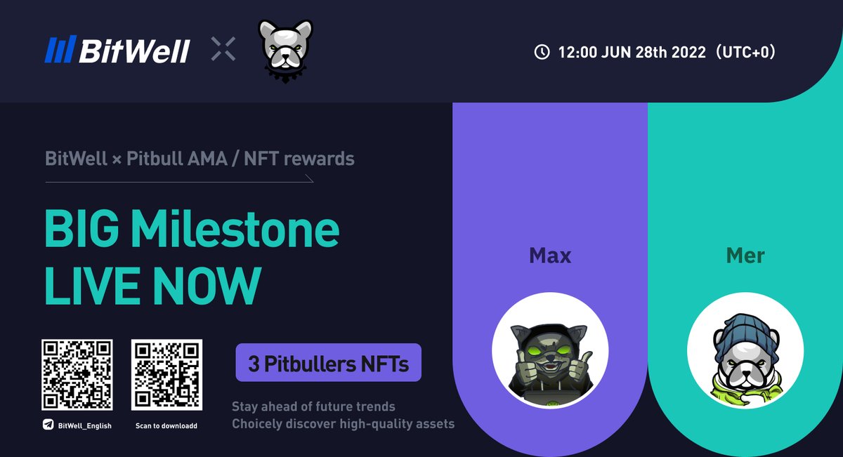 BitwellGlobal's tweet photo. #AMA with @BscPitbull 

⏰Time: 12:00 Jun 28th 2022 UTC 
👉Venue: https://t.co/28oqeP2jyc
💰3 Pitbullers NFTs #Giveaway! 

#NFTs #Giveaways #Airdrops #BitWell https://t.co/kj1KRg75uy