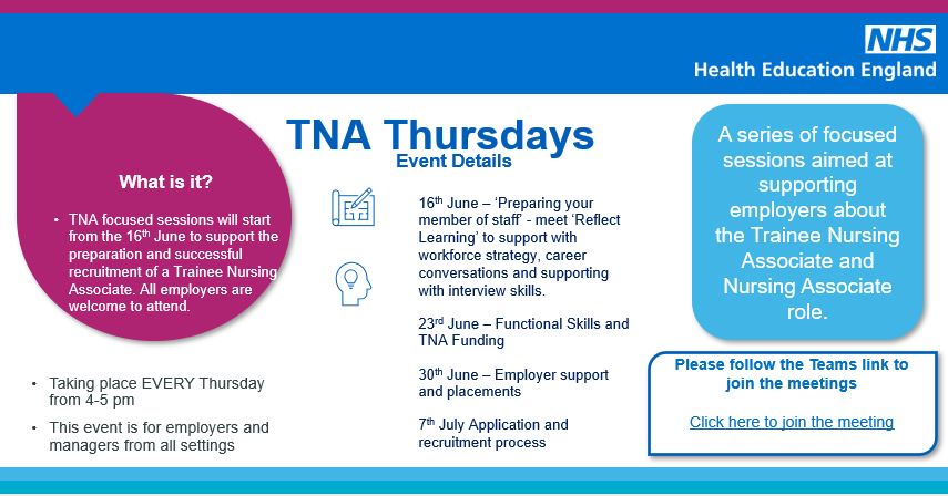 Join the Trainee Nursing Associate (TNA) drop in sessions💻👩‍⚕️🩺

📅Every Thursday 4-5pm

Supporting the preparation &amp; successful recruitment of a Trainee Nursing Associate

More on our focussed sessions below👇

Join here: teams.microsoft.com/l/meetup-join/…