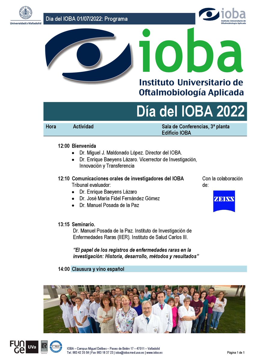 🎊Día del IOBA🎊
El próximo 1 de julio se celebrará el Día del IOBA en el Campus Miguel Delibes. Una jornada llena de actividades y encuentros.
Al acto asistirán el Vicerrector de Investigación, Innovación y Transferencia y el Director del IOBA, entre otros.
ℹ️ Consulte cartel👇