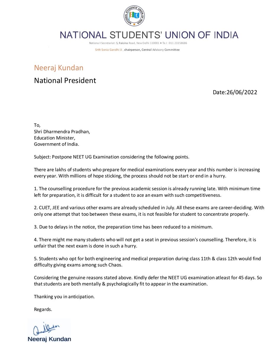 Neerajkundan's tweet photo. Wrote a letter to Education minister  @dpradhanbjp ji regarding NEET UG Postponement. Students have done millions of tweets but no-one is listening. @DG_NTA should consider request of students.

#JUSTICEforNEETUG https://t.co/7V0J7ZwUKK