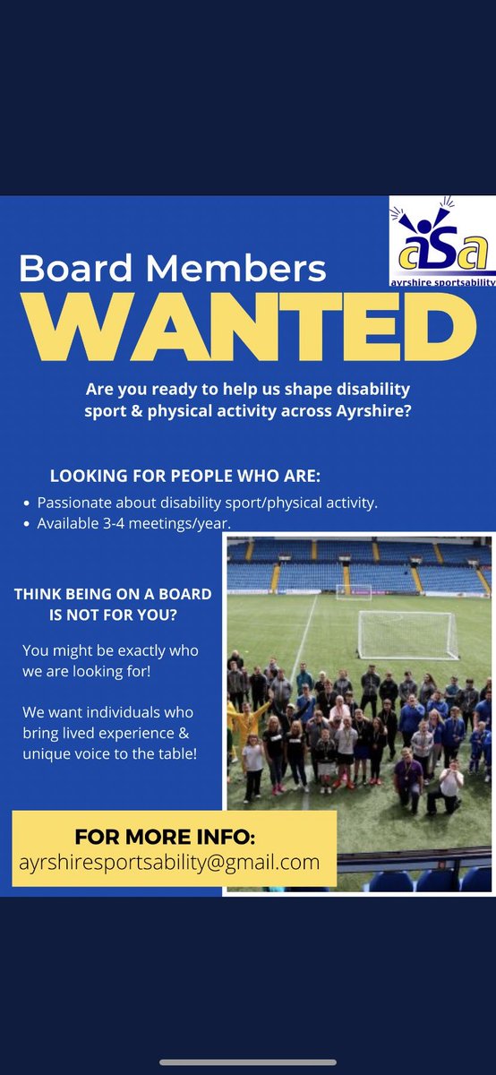NAActiveSchools's tweet photo. Our amazing partners @sports_ability are recruiting for new trustee members 

Please have a read and if you are keen and require more information please contact admin@ayrshiresportsability.org.uk 

@audreynolan @RhonaEA https://t.co/9X9YFKPcPy