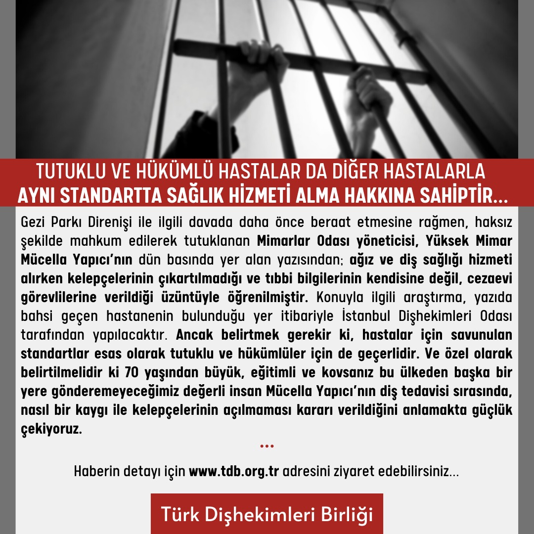 Tutuklu ve hükümlünün tedavisinde,
dişhekimi tarafından güvenlik sebebiyle
özel bir talep olmadığı sürece hastanın kelepçesinin çıkartılması gereklidir;
etik kurallar uyarınca dişhekimi uygun tedavi koşullarının sağlanabilmesi için etik tutum almalıdır.

#mucellayapıcı <a href="/cyapici/">cansu yapıcı</a>