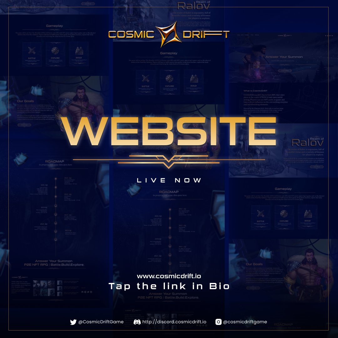 CosmicDriftGame's tweet photo. ⭐Website reveal!⭐
We are beyond excited to reveal CosmicDrift's Website⚡⚡⚡
Find more about us here⬇️
https://t.co/FyHAZy6PD2
Drop a 🔥 if you liked it.
#GameFi #WebsiteDesign #UIUX #UI #illustration #Conceptart #Blockchain #art #NFT #RPG #PlayToEarn #DeFi #AnswerYourSummon https://t.co/gWks0k39bS