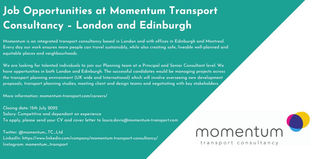 Exciting job opportunities @Momentum_TC_Ltd - London and Edinburgh

For more information &amp; how to apply please click the link: momentum-transport.com/careers/

#womenintransport #momentum #jobopportunity