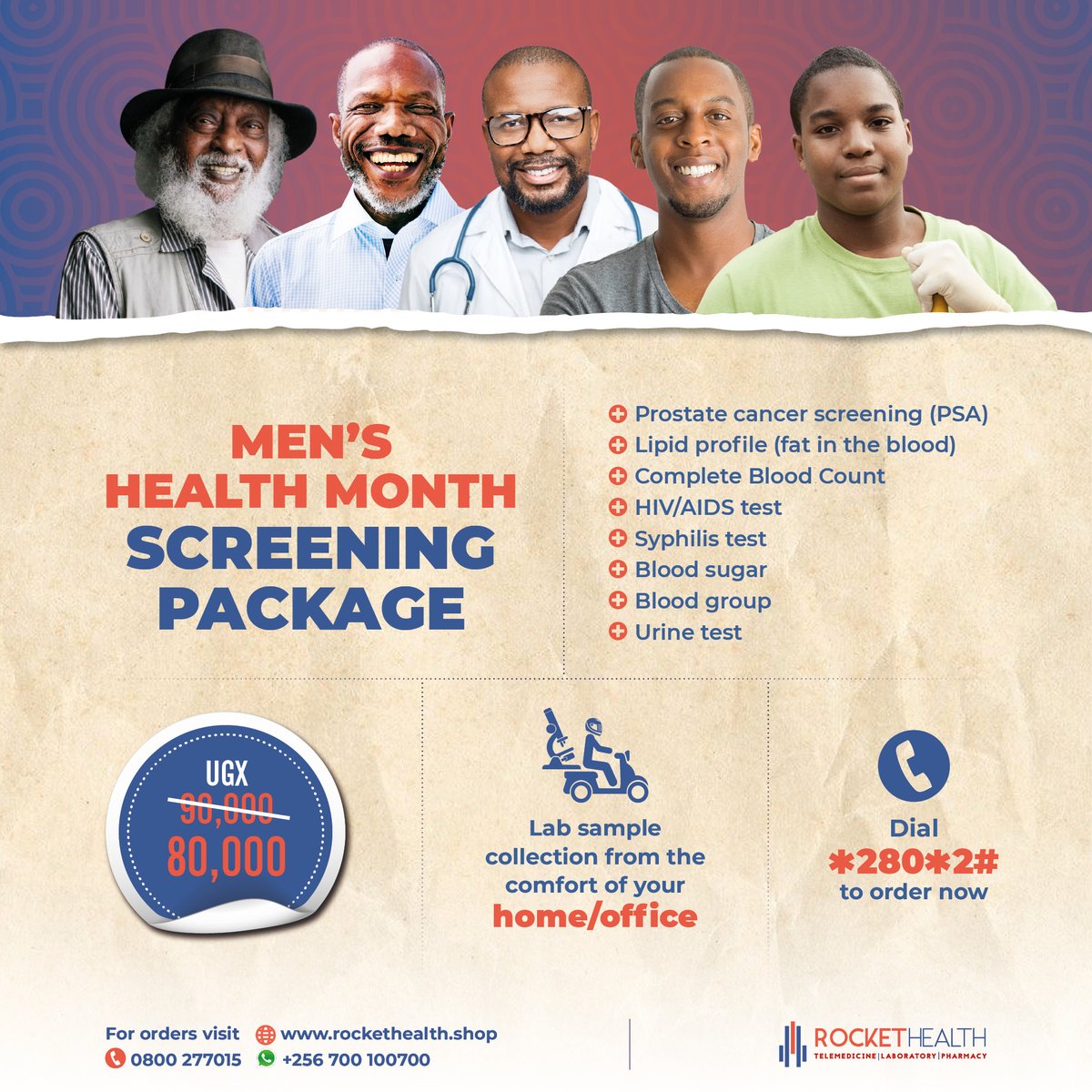 RocketHealthUG's tweet photo. Hello Gents, it's the LAST week of the #MensHealthMonth discounts! 

Kind reminder to keep your health in check with the men's wellness package.

To order, dial *280*2# or click https://t.co/24VGr7yqK2 https://t.co/RJVg4tx0Ef