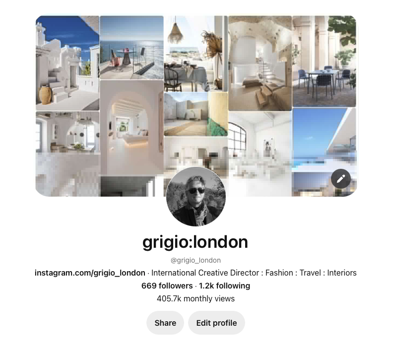 grigio_london's tweet photo. Amazing news, our Pinterest Boards are now achieving over 400,000 monthly views! 😎 If you're interested in interior design or fashion, come and have a look!: https://t.co/6gnhwjXIlO #PinterestBoards #Pinterest #interiordesign #fashion #masseria #Mediterranean #style #interiors https://t.co/Rxv2wnnsLZ