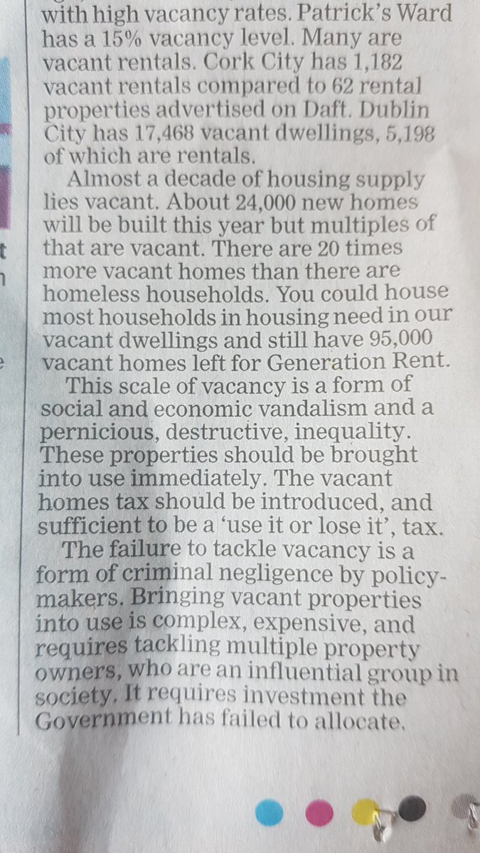 A decade of housing supply lies vacant There are 20 times more vacant homes than homeless households This scale of vacancy is a form of social & economic vandalism The vacant homes tax should be introduced & sufficient to be a 'use it or lose it' tax My op-ed in @irishexaminer