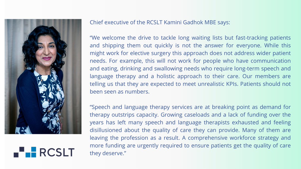 RCSLT chief executive <a href="/KGadhok/">Kamini Gadhok MBE</a> responds to news that patients are being offered faster treatment in different parts of the country as part of an NHS ‘final push’ to virtually eliminate the number waiting two years or more: england.nhs.uk/2022/06/nhs-in…
