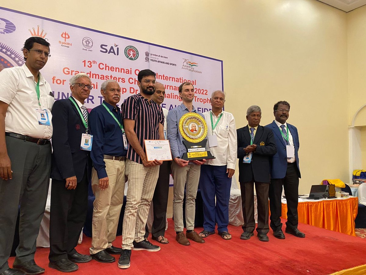chesscom_in's tweet photo. GM Boris Savchenko clinched the 13th Chennai Open International Grandmasters Chess Tournament 2022 for Sakthi Group Dr. N. Mahalingam Trophy at Chennai. 

IM @Nitin_chess tied for first place and secured second. He scored 8.5/10, gained 13.2 Elo points and remained unbeaten! https://t.co/fZlAxkjcWN