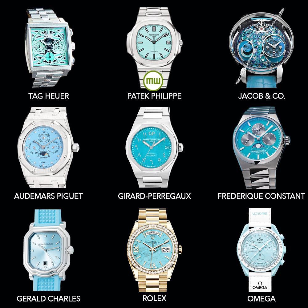 What’s your favorite turquoise watch 🤔? Comment below 👇🏻 
•
Follow me on Instagram if you want more!
instagram.com/giorgiamondani
•
#mondani #turquoise #tiffany #tagheuer #jacobandco #omega #moonswatch #rolex #geraldcharles #patekphilippe #audemarspiguet #frederiqueconstant