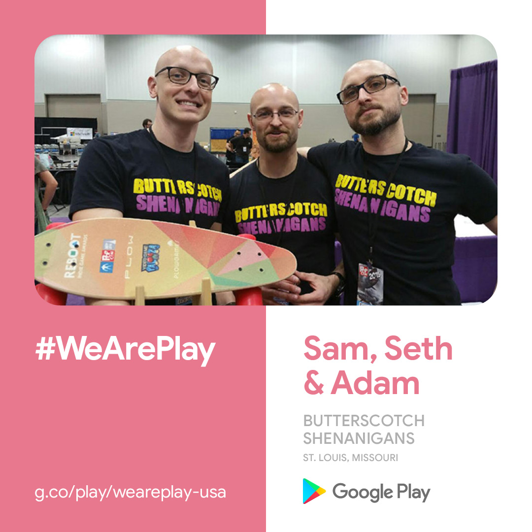 We have been spotlighted by Google Play on #WeArePlay! We are one of 3 companies selected to represent MO, by way of #STL. Big thanks to the Google Play team for making our studio possible &lt;3 (and enjoy this throwback pic of the three of us from the pre-Crashlands days!)