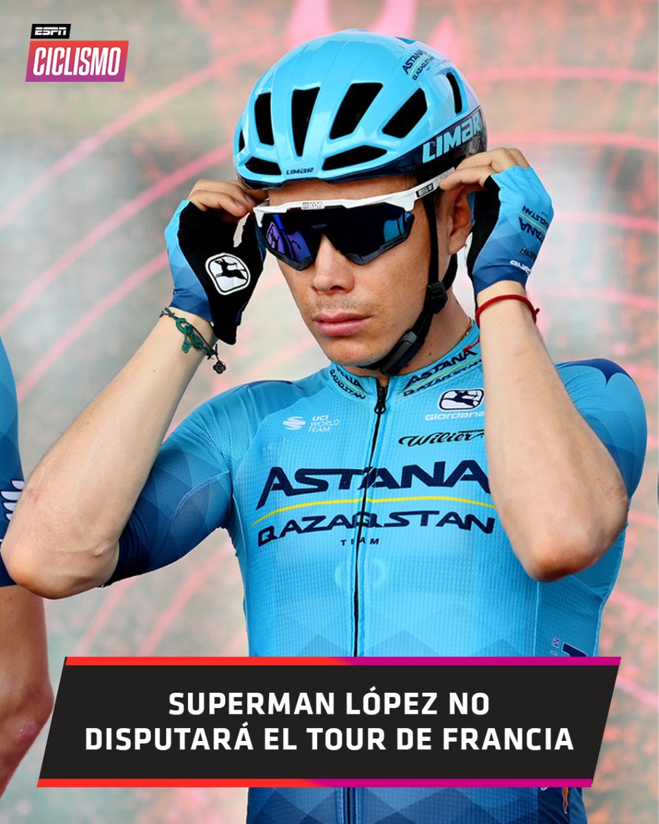 ESPNCiclismo's tweet photo. SUPERMAN NO VA AL TOUR, el ciclista colombiano no ha podido recuperarse de su lesión y el #Astana llevará a: Alexey #Lutsenko, Andrey #Zeits, Dmitriy #Gruzdev, Fabio #Felline, Simone #Velasco, Samuele #Battistella, Gianni #Moscon y Joe #Dombrowski. 😱🇫🇷
#ESPNCiclismo https://t.co/KKx7JCI8Ei