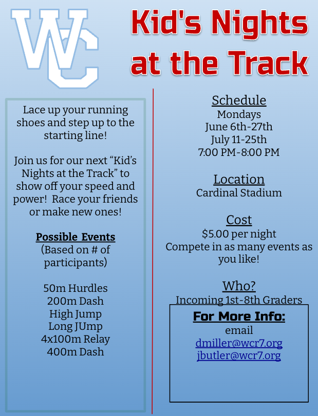 Kids Track Night <a href="/wcxctf/">WEBB CITY XC/TF</a>.