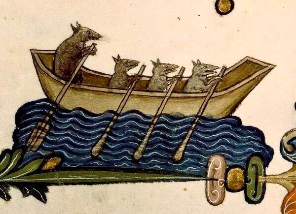 A medieval drawing of four rats in a rowboat. One is big while the other three are smaller