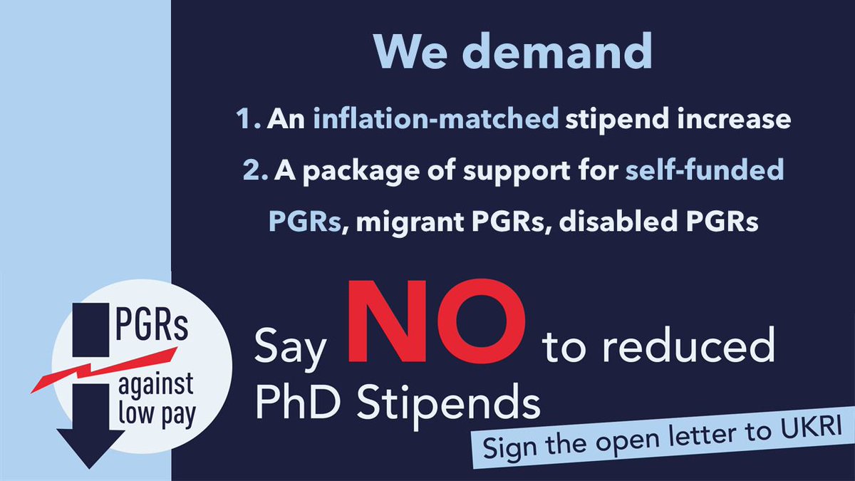 📢 Campaign launch! 📢

PhD students are already overworked, underpaid &amp; struggling. Now, amidst a cost of living crisis, we face a real terms pay cut of over £1000. 

Please sign our open letter to UKRI demanding PGRs get the support they deserve 👇
bit.ly/UKRIStipends