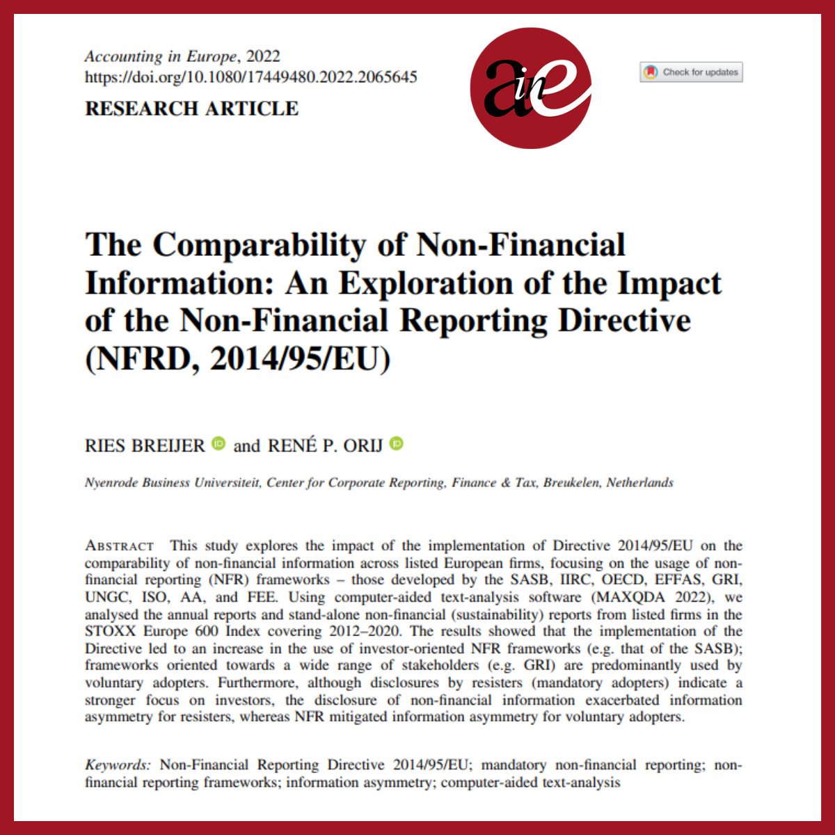 AIE_Journal_EAA's tweet image. HOT OFF THE PRESS - New research on the #Comparability of #NonFinancialInformation after the #NFRD #regulation
LINK: doi.org/10.1080/174494…
#nonfinancialreporting #eu #accounting #aie #accountingresearch @EAA_ARC