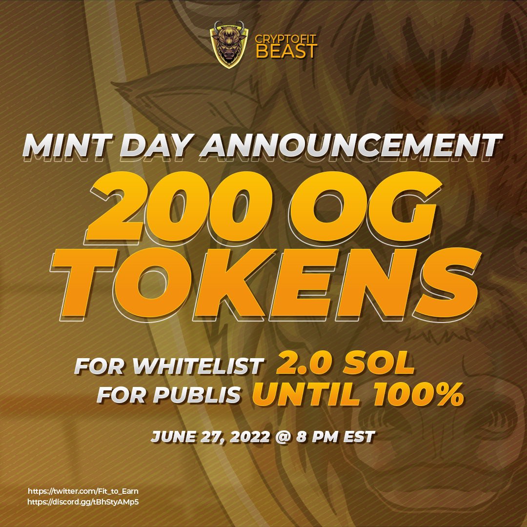 🎉🎉🎉MINT DAY!🎉🎉🎉

Come join us!! (WL spots still available)

discord.gg/6DhYjGPYby

#Fit2Earn #F2E #NFTs #NFTCommunity #Whitelist