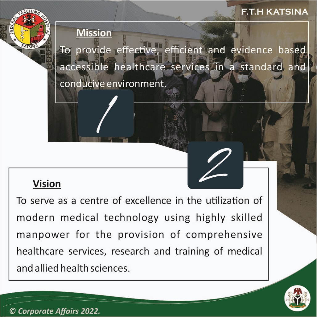 Official_fthk's tweet photo. The Mission and Vision statement of Federal Teaching Hospital Katsina.
Courtesy: Corporate Affairs 2022
#federalmedicalcentrekatsina
#federalteachinghospitalkatsina
#fmckatsina
#fthkatsina
#AminuBelloMasari
#unitycup2022
#Masari
#katsinastate
#katsinawedding
#katsinapost https://t.co/3Rdg5GbkVi