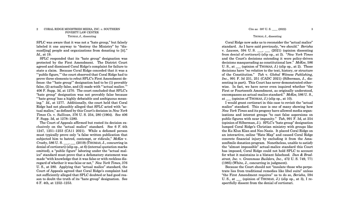 johnkruzel's tweet photo. JUST IN: Justice Clarence Thomas signals interest in making it easier to sue media. Says he would revisit landmark 1964 decision in NYT v. Sullivan that makes it relatively difficult to bring successful lawsuits against media outlets for defamation👇 https://t.co/gVqmaPNcLE