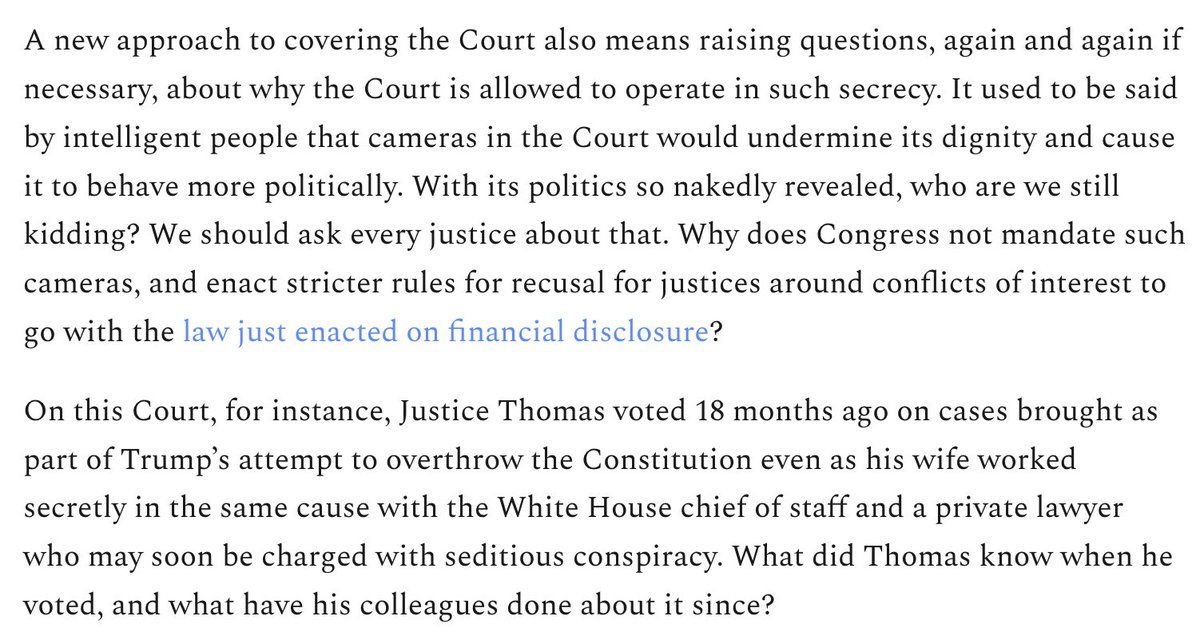 No institution in America has had more power with less journalistic scrutiny than SCOTUS. It's well past time for that to end. A clarifying call from @dicktofel, who also lays out exactly what that would look like. dicktofel.substack.com/p/time-for-rea…